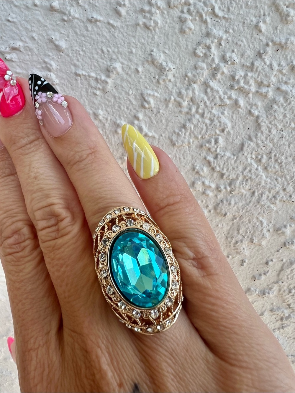 Blue Gold Rhinestone Large Costume Jewelry Ring Size 7